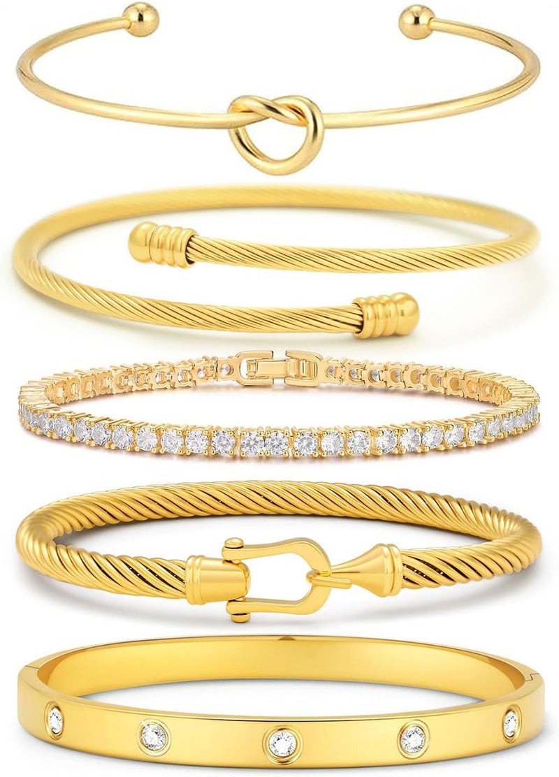 FAFUGA 18 K Gold Plated Love Bangle Bracelet Stack Cuff Jewelry for Women Jewelry Set for Women Gift with Box - Image 1